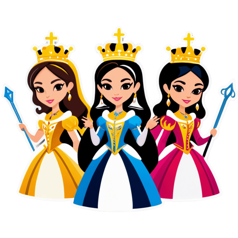 3 queens with big gold crowns and pointing scepters  emoji