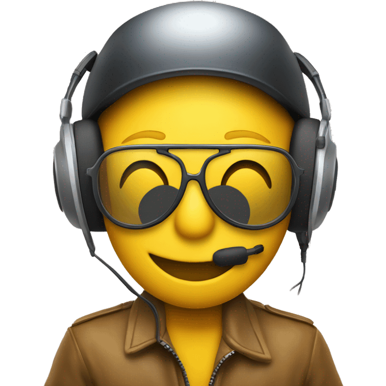 smiley yellow face wearing aviator glasses and racing headset and cap  emoji