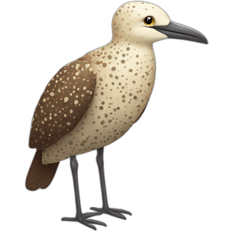 fluffy brown speckled sea bird with white spots and long legs and light yellow beak emoji