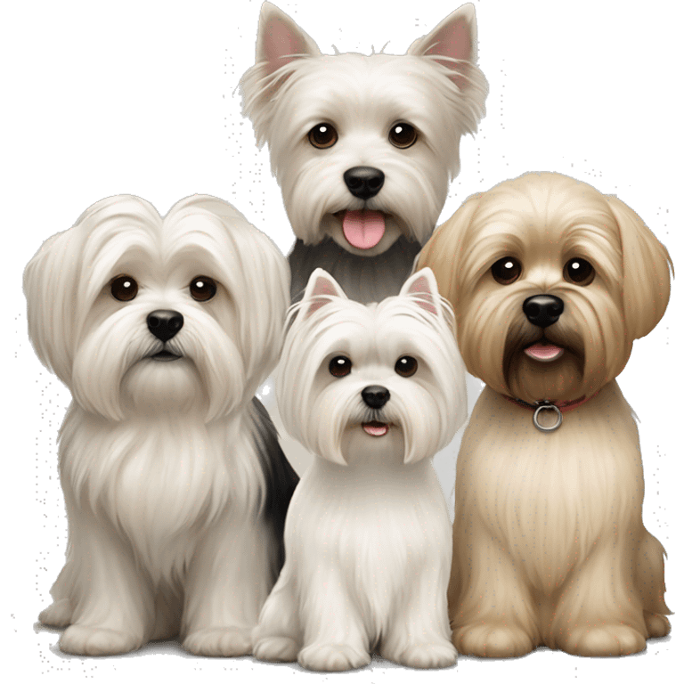 3 dogs West highland terrier and Scottish terrier and beige shih tzu sitting together friends emoji