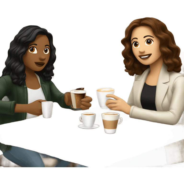 puerto rican woman light skin with shoulder-length, wavy, brown hair drinking latte with Italian Roman woman with black, straight hair drinking espresso at table emoji