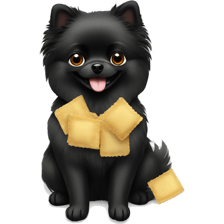 Black Pomeranian with plate of ravioli squares emoji