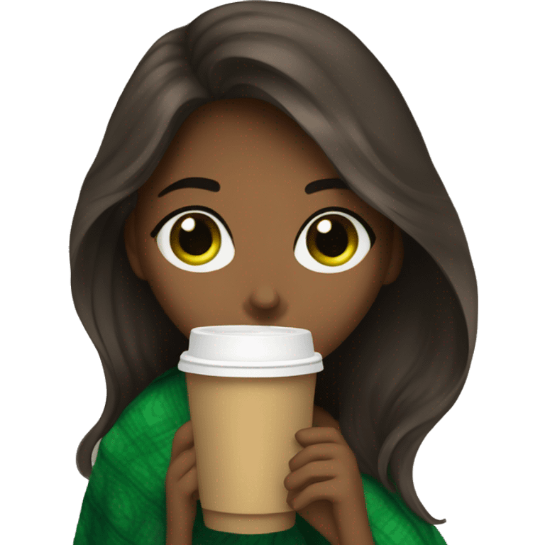 Brune long hair girl with green eyes a blanket sipping starbucks coffee emoji