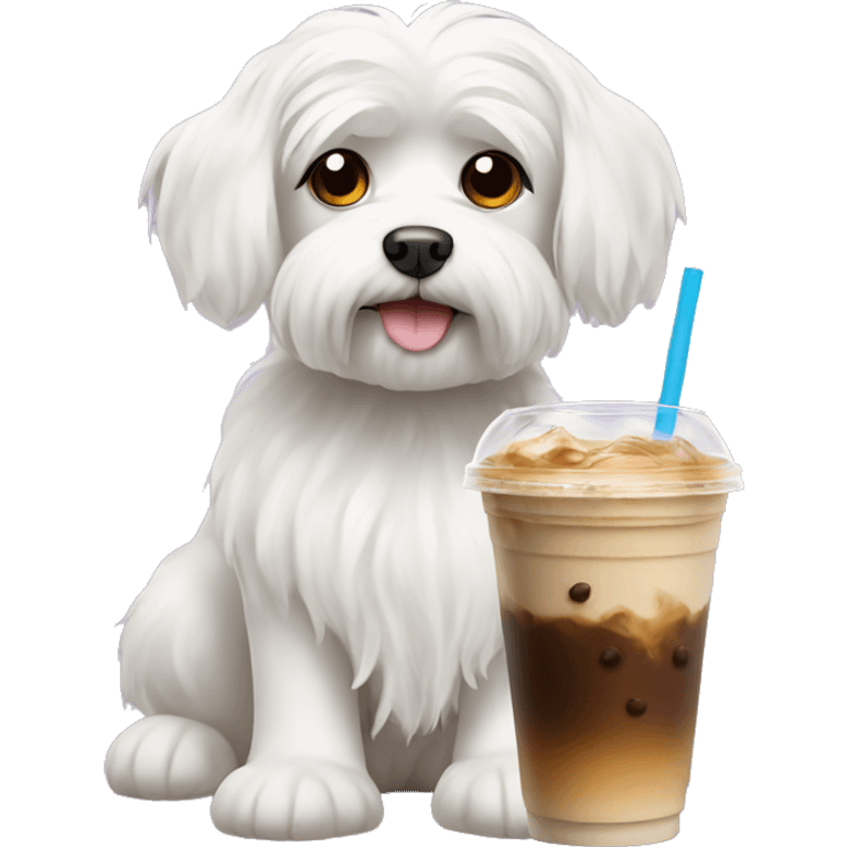 Maltese dog with iced coffee emoji