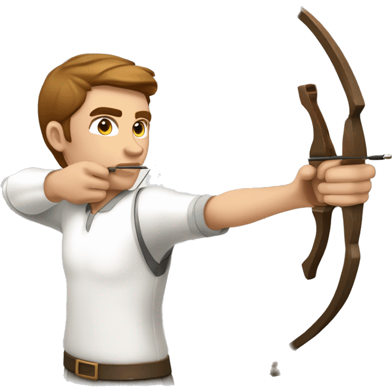 a male archer aiming with a bow looking at his target, wearing a white shirt, very show brown hair, bright skin emoji