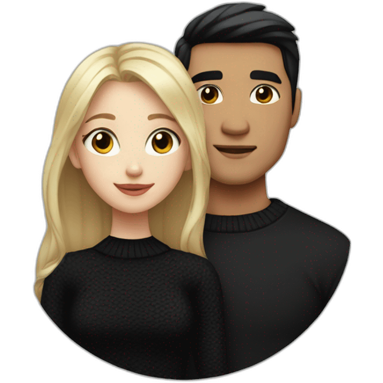 Blonde girl with blue eyes in black sweater and asian man with black hair and black eyes hugging emoji