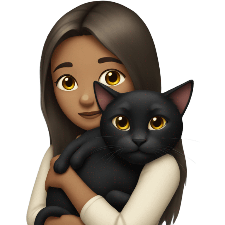 girl with long brunette hair snuggling black cat emoji