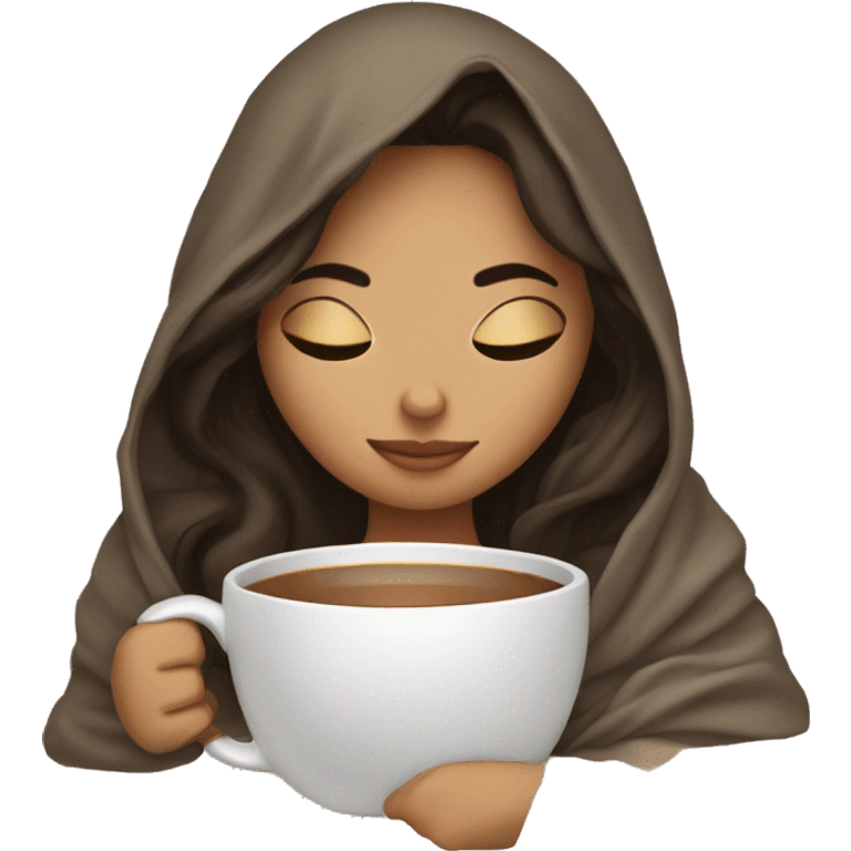 girl brunette inside a blanket sipping coffee eyes closed emoji