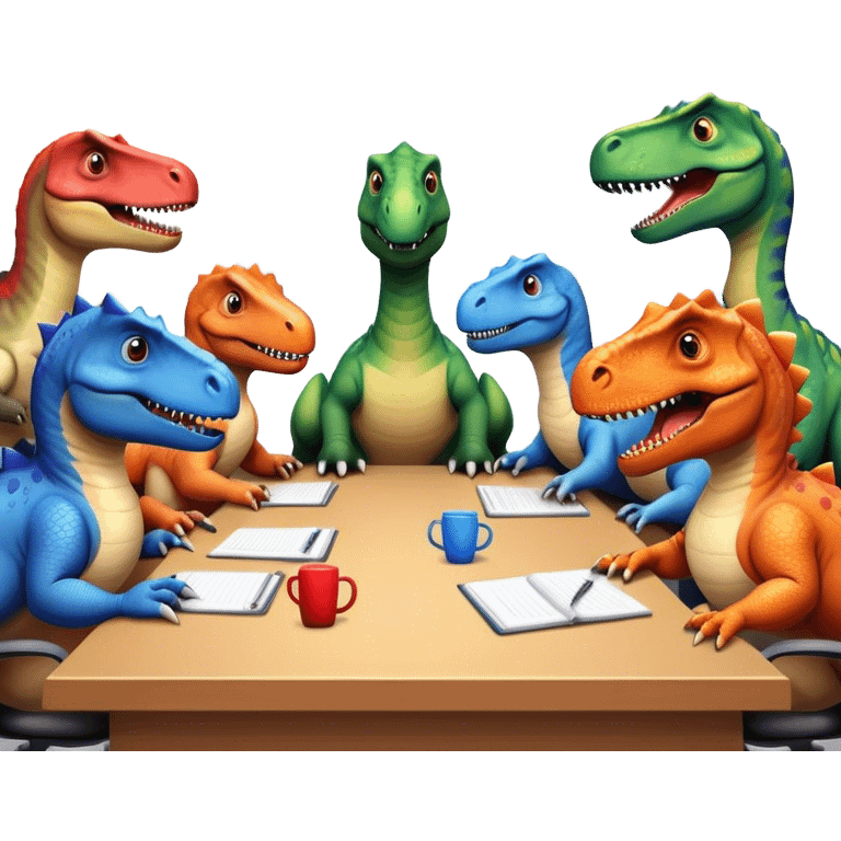 different office dinosaurs sitting along the conference table emoji