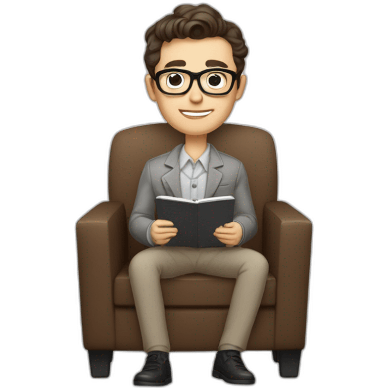 Pale skinned Fit Man With dark brown hair in gray jacket, beige office shirt, Brown pants and vintage glasses sitting In a soft chair with a notebook with emblem Ψ and a pen in his hands emoji