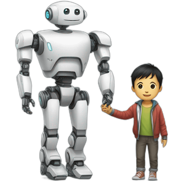 a AI robot and a asian kid boy, hand in hand emoji