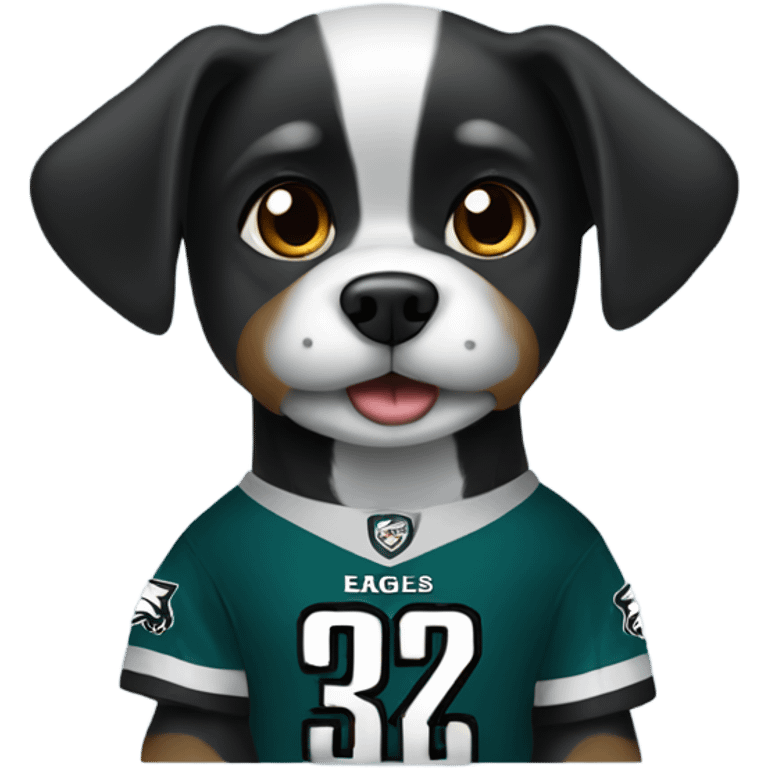 cute little black and silver dog wearing a eagles jersey  emoji