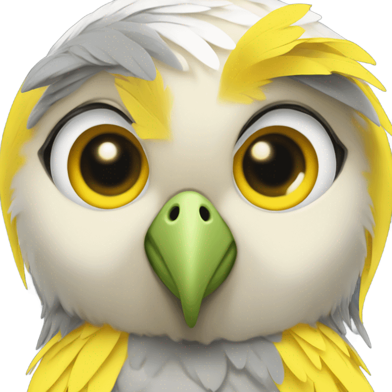 A cockatiel’s head with a yellow and gray , depicted as a girl in a cute, cartoon toy-like manner, smiling sweetly. emoji