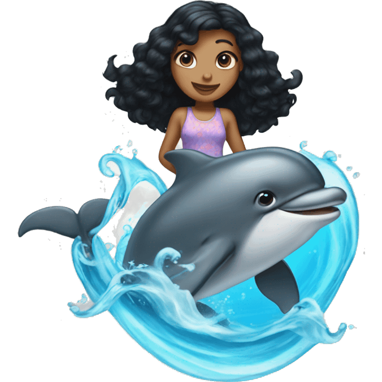 Girl with medium length black hair on a dolphin  emoji