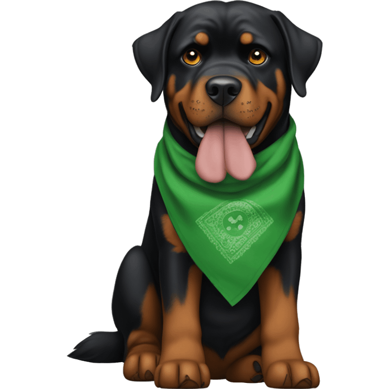 Rottweiler wearing green bandana with a tall skinny male owner that has long curly auburn hair wearing skinny jeans and a T shirt with an eyeball emoji