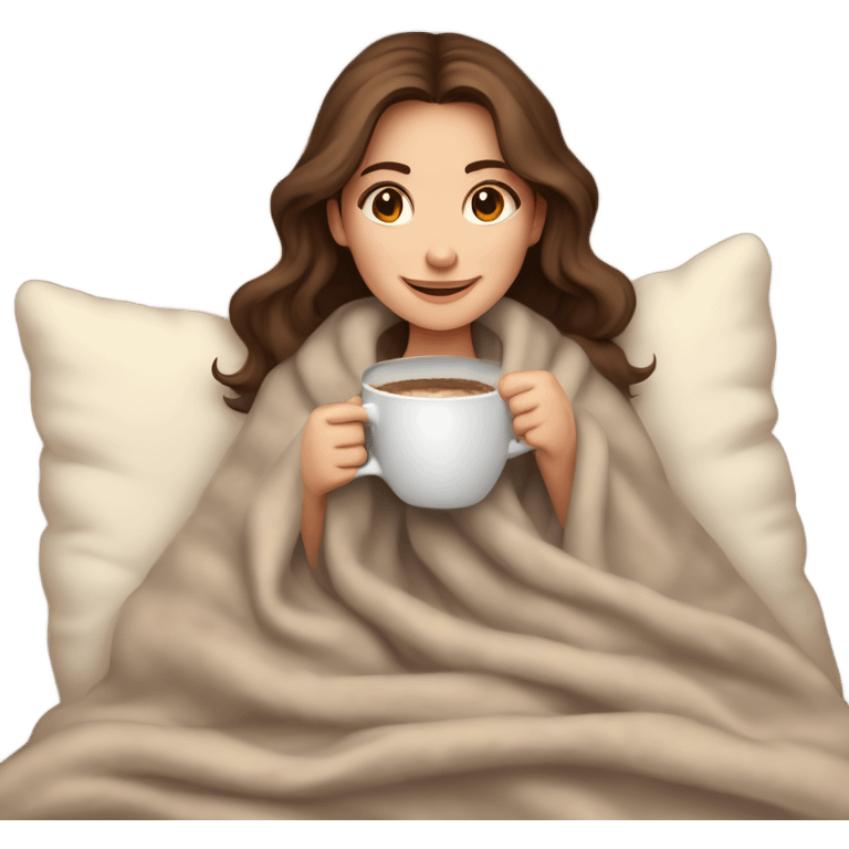 A cozy, heartwarming illustration of a beautiful girl with fair skin and brown hair, sitting comfortably under a soft blanket. She is holding a steaming cup of coffee with both hands, exuding warmth and relaxation. emoji