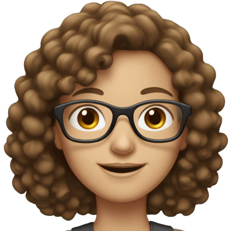 white skin woman with brown curly hair she has glasses and a smiley face emoji