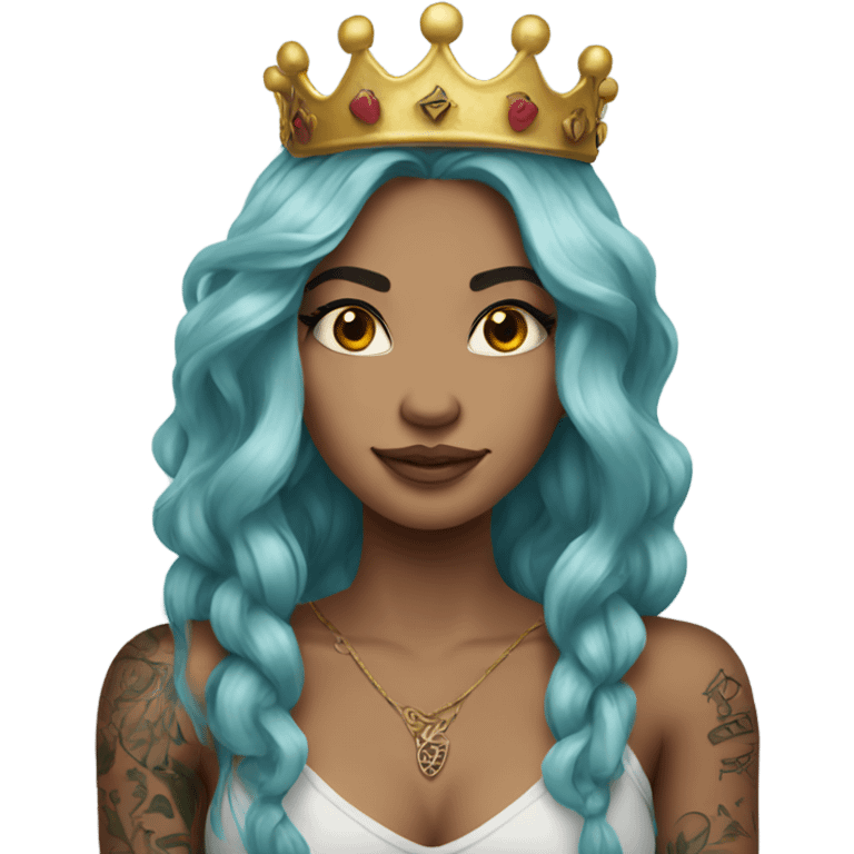 Beautiful girl with tattoos.  long hair and wears a crown emoji