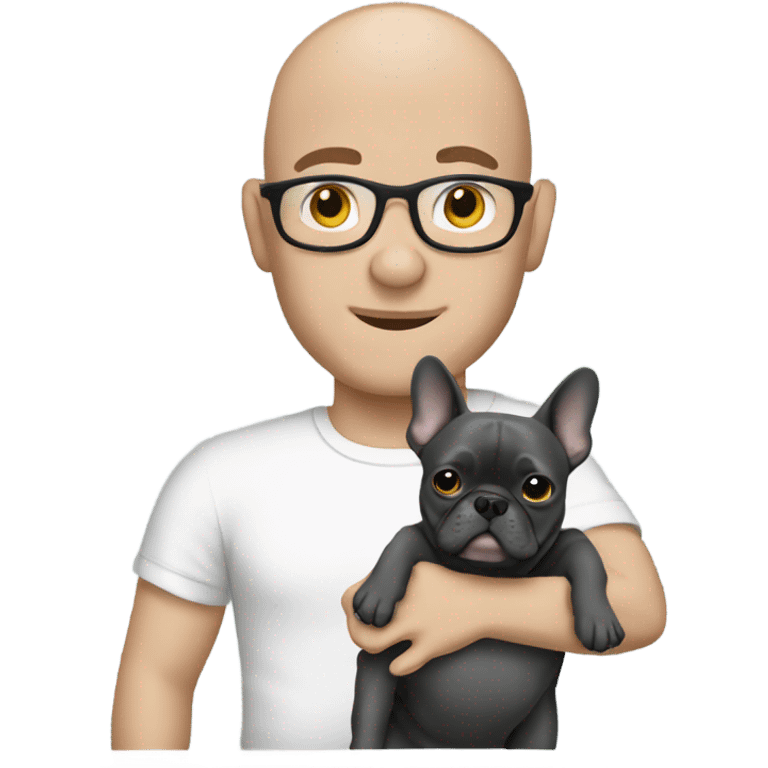 Bald man holding dark grey french bulldog  emoji