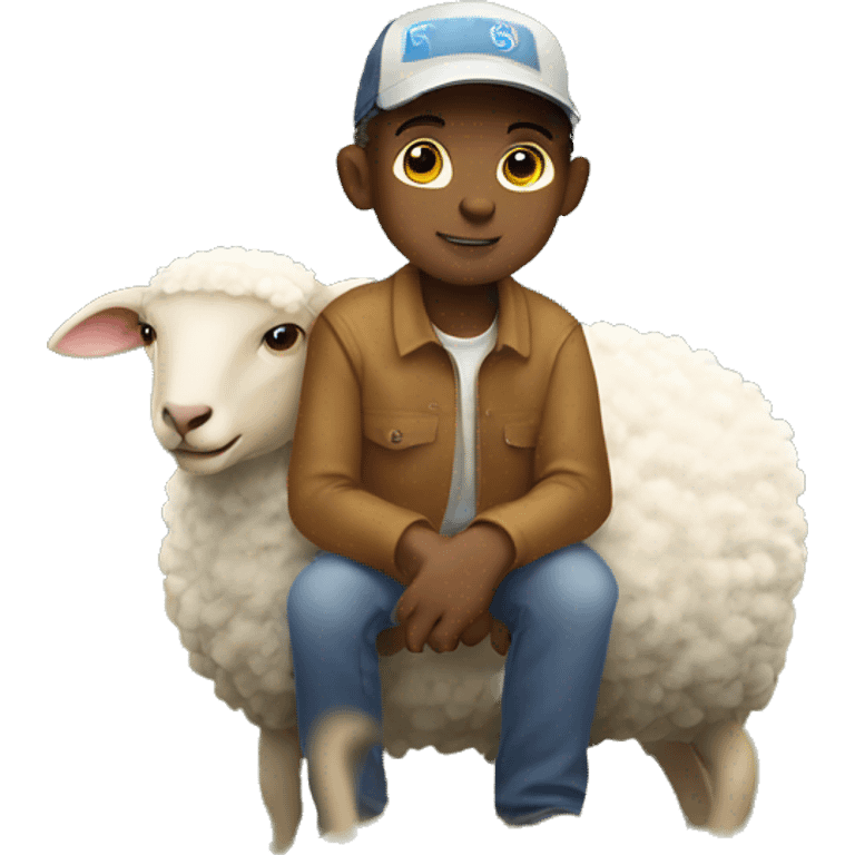 Boy outside on sheep ranch with ball cap on  emoji