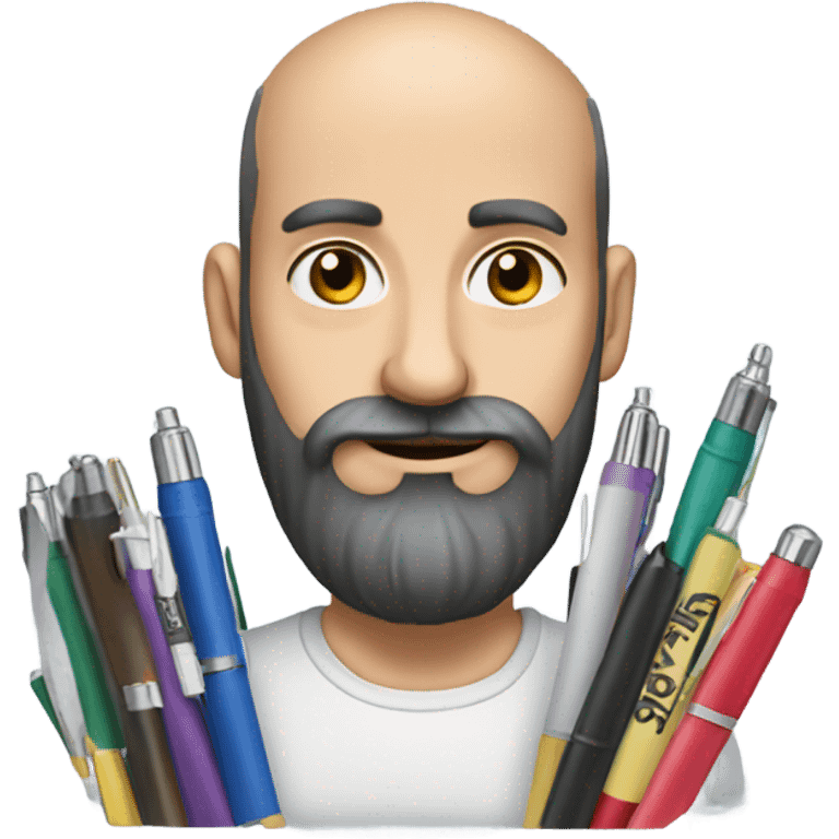 Balding man with thick black beard,  holding lots of pens  emoji