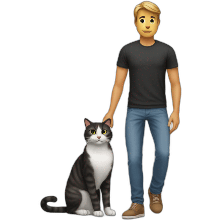 man holding mobile and cat is near to leg emoji