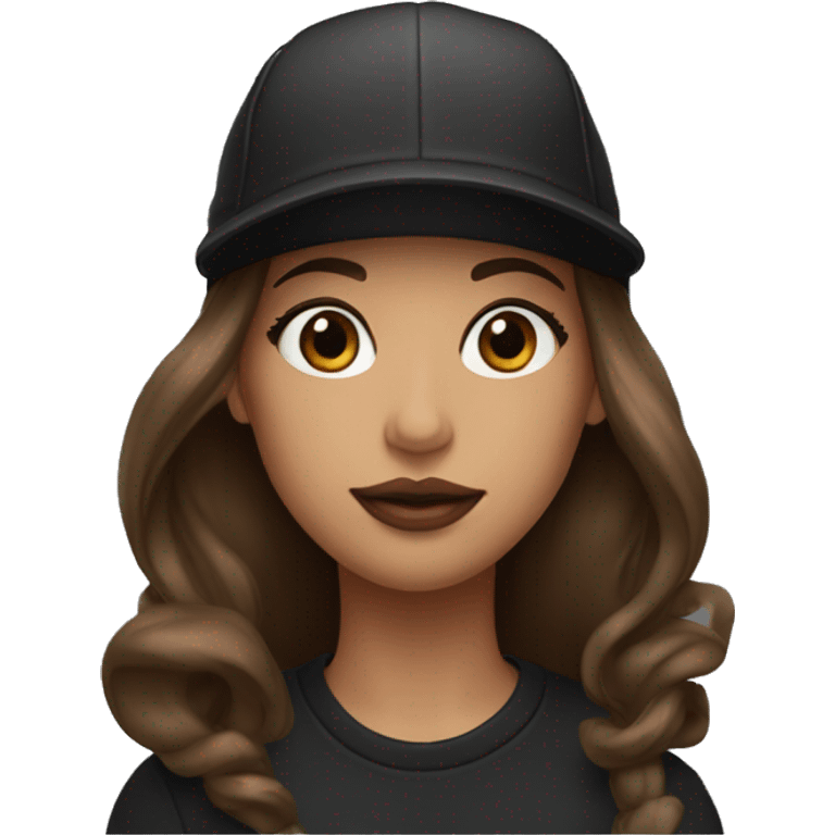 A beautiful woman wearing a black cap and black sweatshirt, big lips, brown straight long hair.  emoji