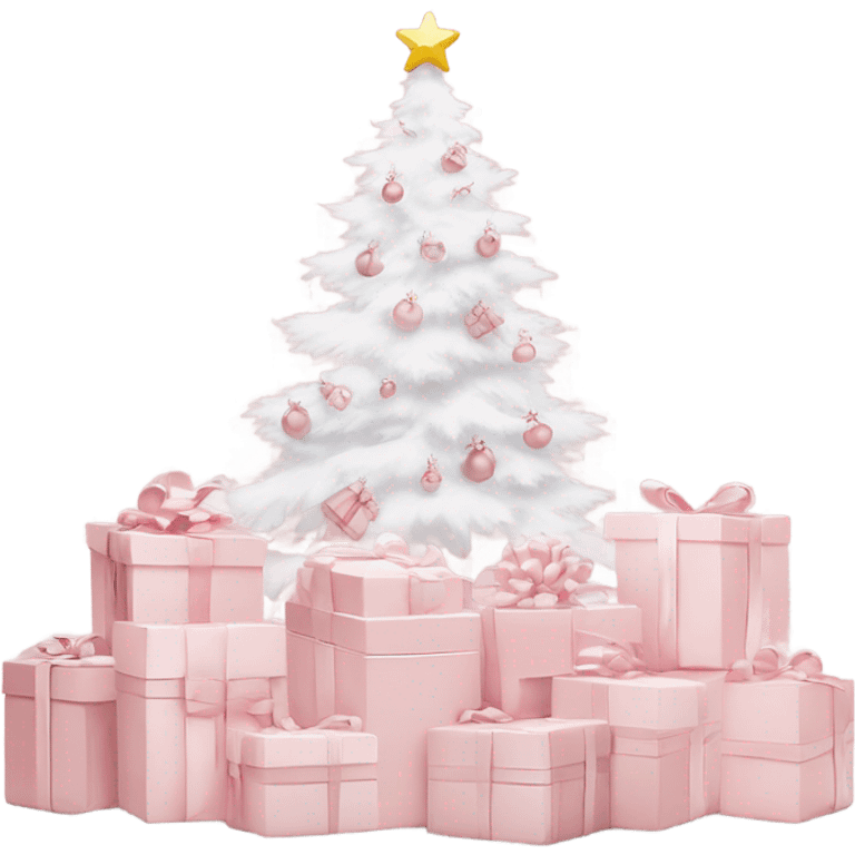 Light pink Christmas gifts under a white Christmas tree  emoji