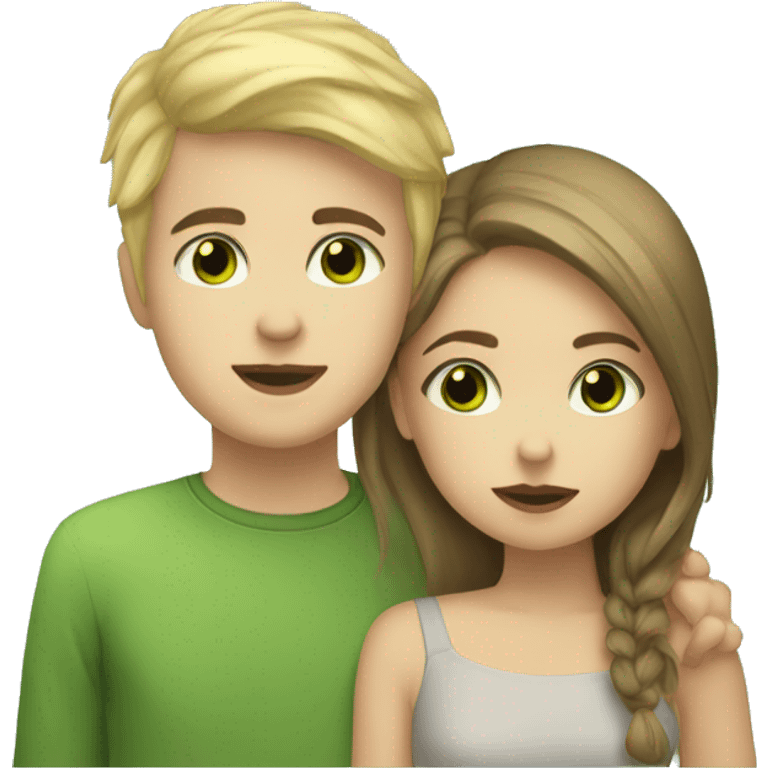 Girl with blond hair kissing boy, he habe short brown hair and green eyes emoji