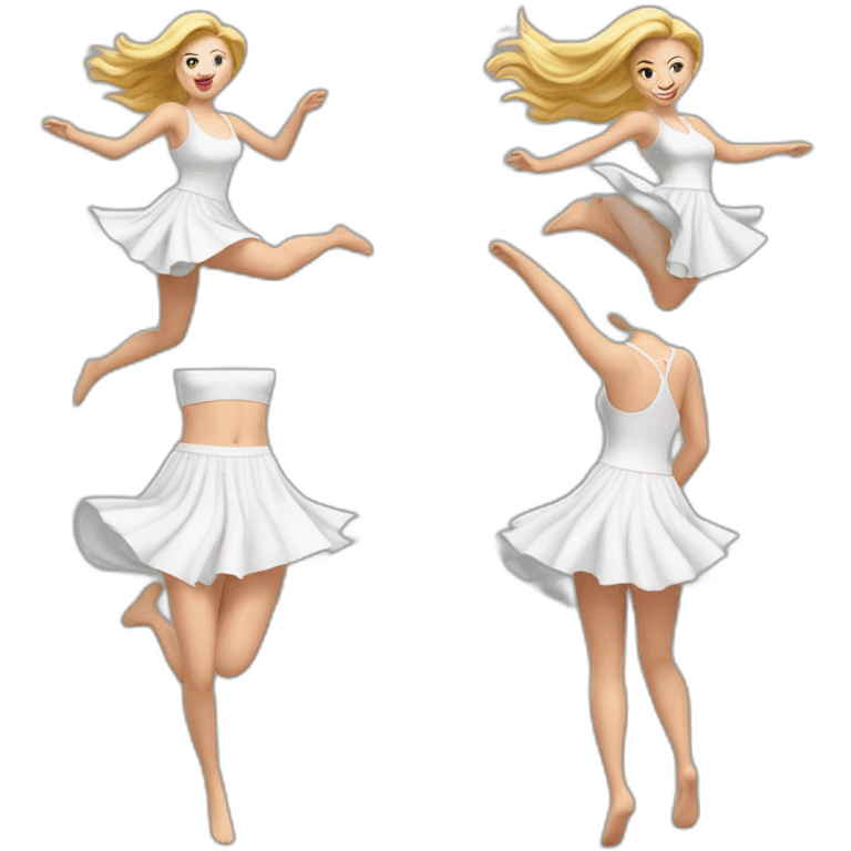 hyperrealistic-full-body-caucasian-curvy-beauty-jumping-small white-skirt-back-and-front-views-strong-wind emoji