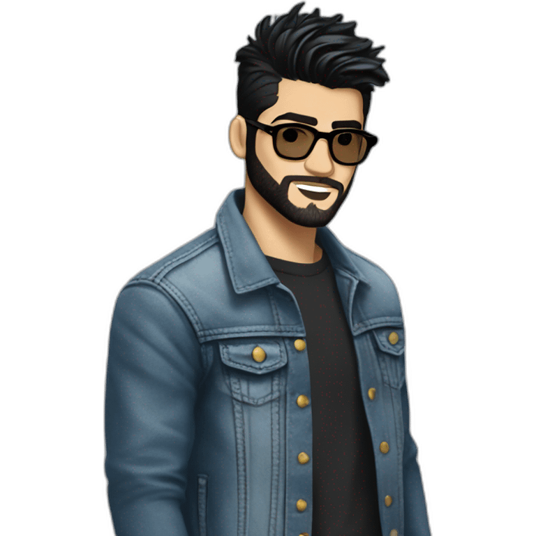 Generate an image of Zayn Malik looking effortlessly cool in a jean jacket, his black beard and hair impeccably styled, and donning a pair of trendy spectacles. emoji