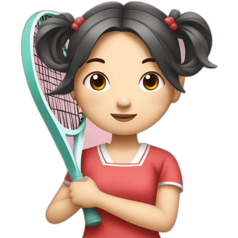 a little chinese girl with two pig tails hair style hugging a tennis racket to her chest in paper art style emoji