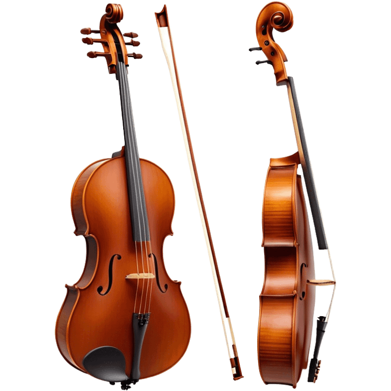 Create an elegant and refined emoji representing a Cremona 4/3F 4/4 cello with bow. The design should feature the distinctive, finely crafted body of the cello, highlighting its rich wooden finish and gracefully curved shape. The bow should be included, with visible horsehair and a polished wooden stick. Add subtle details like tuning pegs and strings to emphasize the precision and craftsmanship of the instrument. Use warm wood tones, deep brown, and soft metallic accents to reflect the high quality of the Cremona cello. The background should be transparent. emoji