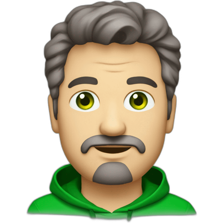 fat middle aged developer short dark brown graying hair goatee with green eyes hoodie emoji