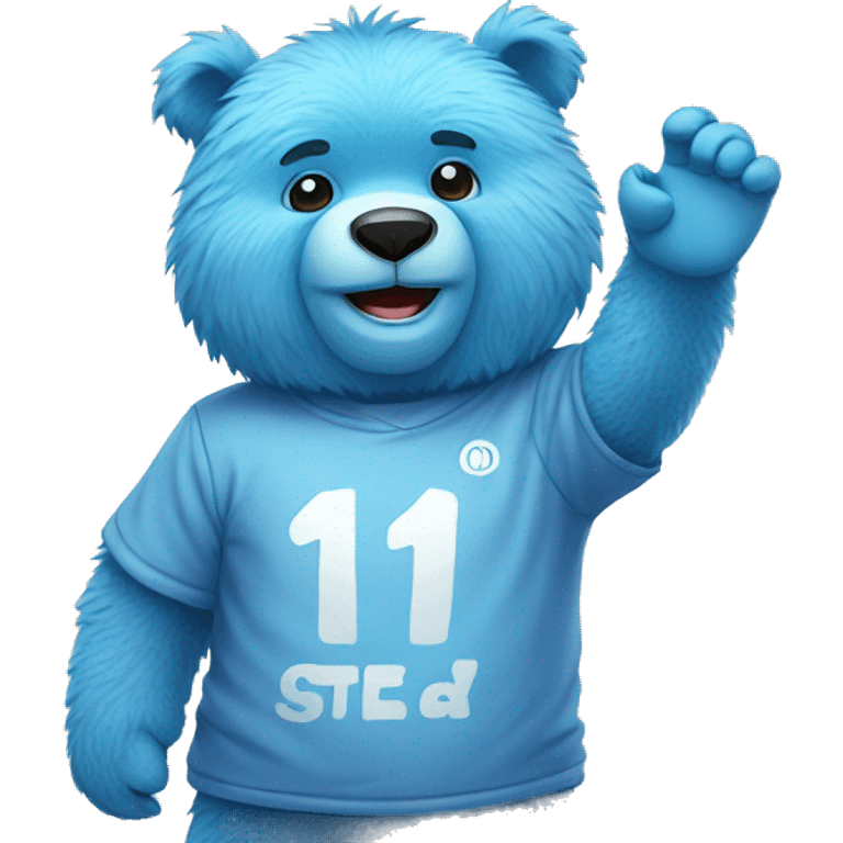 Blue fuzzy bear wearing a cool shirt and saying hi and waving  emoji