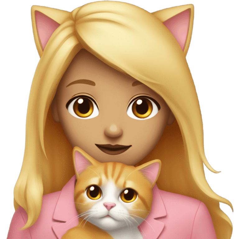 Blonde girl with brown eyes cuddling her fluffy orange tuxedo cat with gold eyes and pink nose emoji