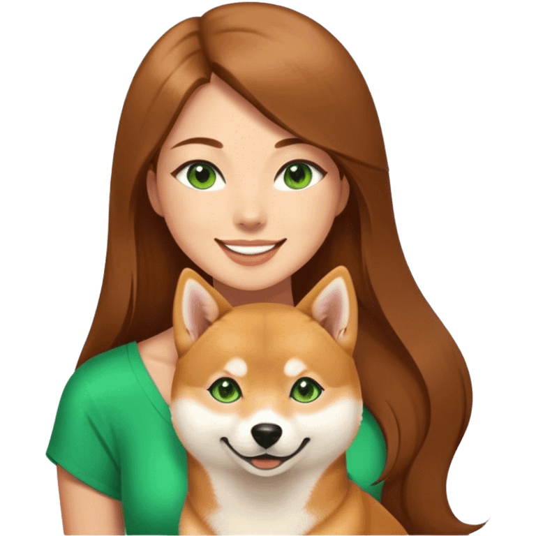 beautiful woman, straight long brown hair, green eyes smiling with dog Shiba Inu emoji