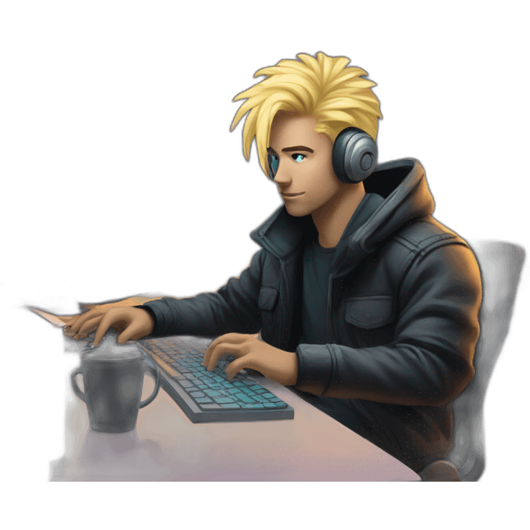 Blond man works at his computer at his cyberpunk room emoji