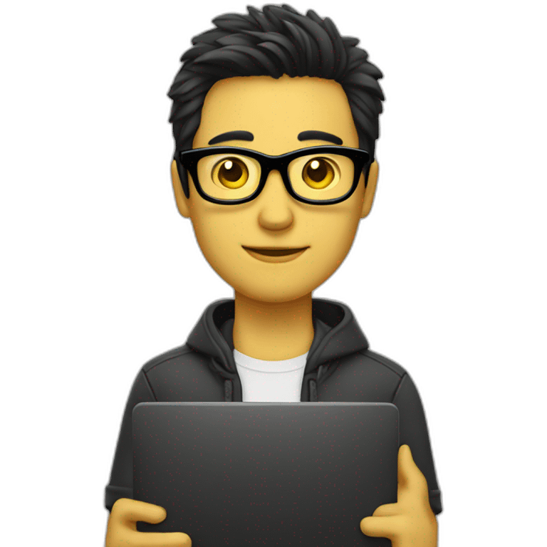 Man with yellow tinted glasses and black hair holding computer  emoji