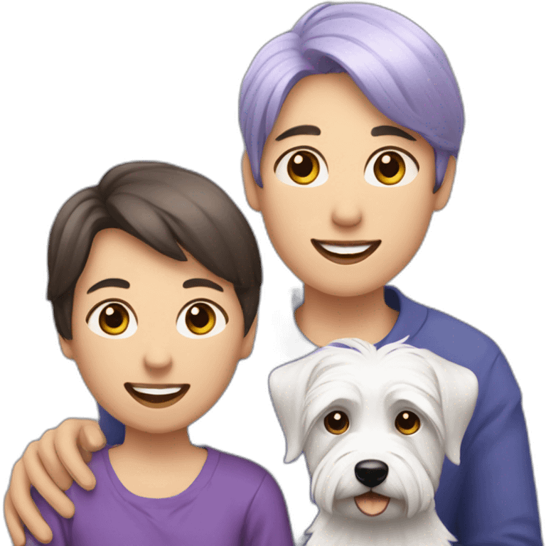 Family picture woman with purple/gray hair, aduld son with dark brown hair and West Highland White Terrier emoji