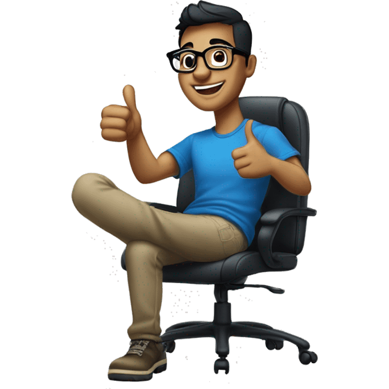 A cheerful young man with short black hair and stylish glasses, smiling broadly while giving a thumbs up. He is wearing a blue t-shirt, seated in a modern office chair against a softly lit, neutral background.  emoji