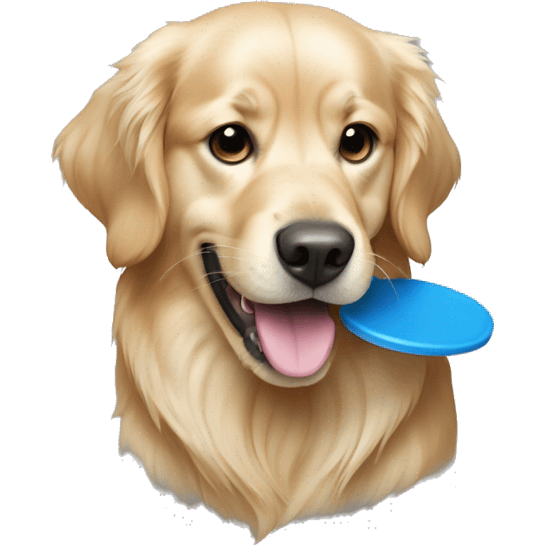 Golden retriever dog holding blue frisbee in mouth emoji