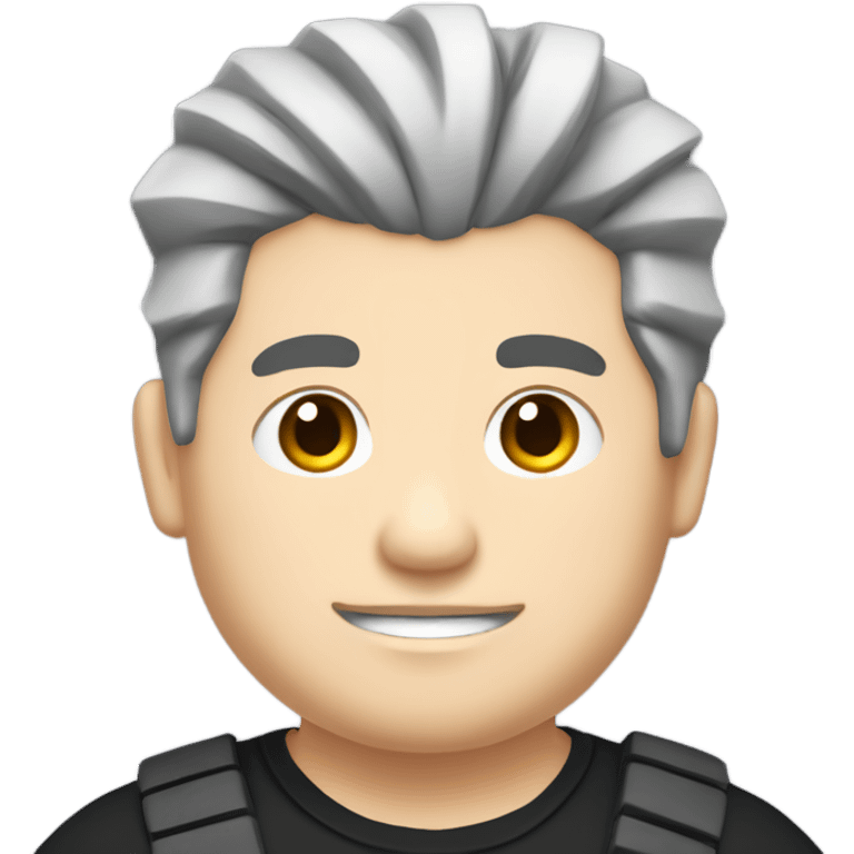 chubby chinese guy with fair skin and gray hair, man bun, black shirt and bass guitar emoji