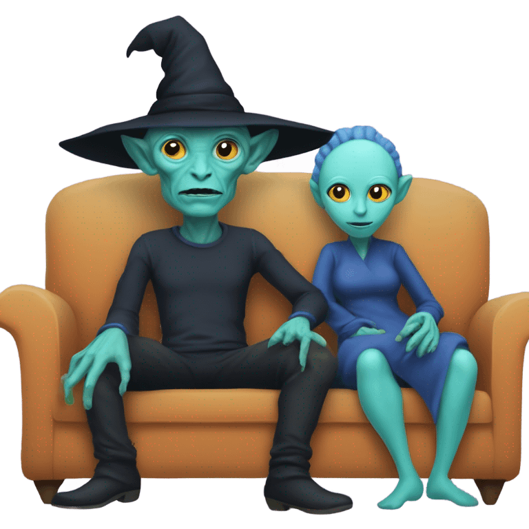 alien reptilian woman  as witch, humman man in blue, sitting on a couch  emoji