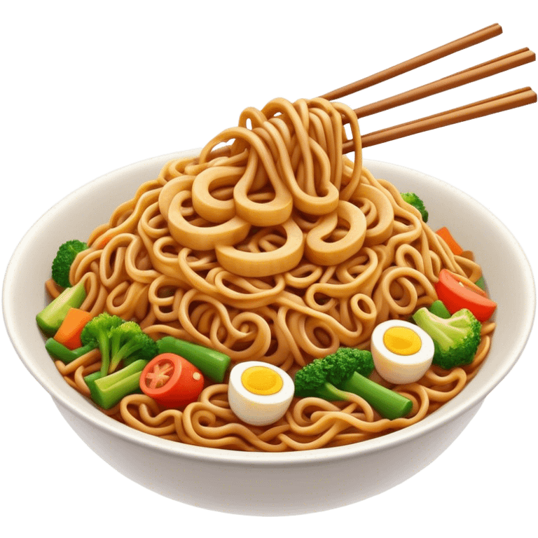 Cinematic Realistic Mie Goreng Dish Emoji, featuring stir‚Äêfried noodles with vegetables and meat rendered with dynamic textures and warm, appetizing lighting. emoji