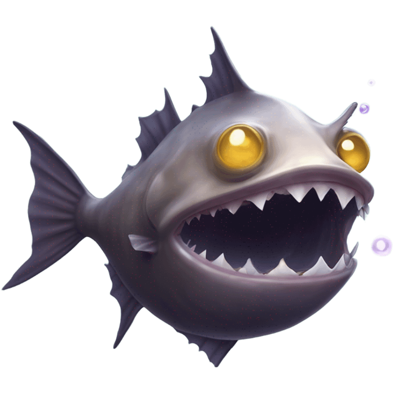 Anglerfish with a glowing lure hanging from its forehead, sharp teeth, and big eyes. emoji