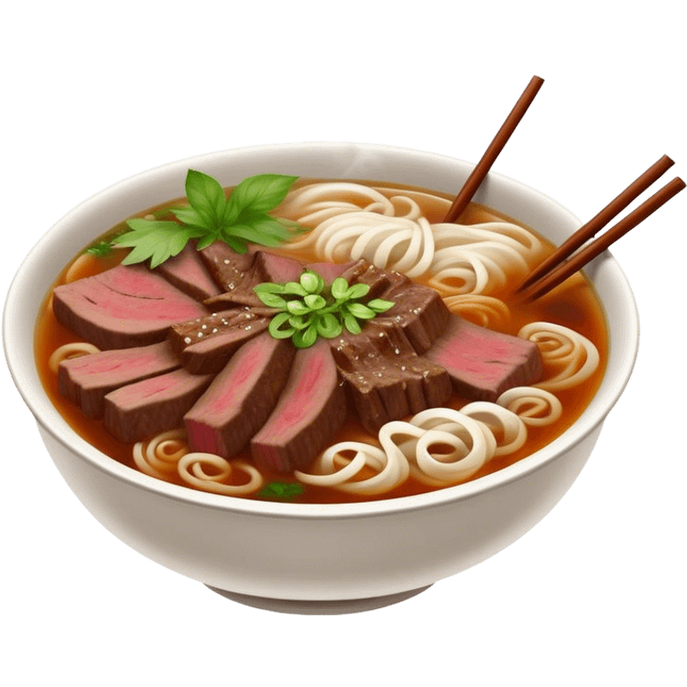 Cinematic Realistic Pho Dish Emoji, depicted as a steaming bowl of aromatic beef noodle soup with herbs rendered with lifelike textures and vibrant, warm lighting. emoji