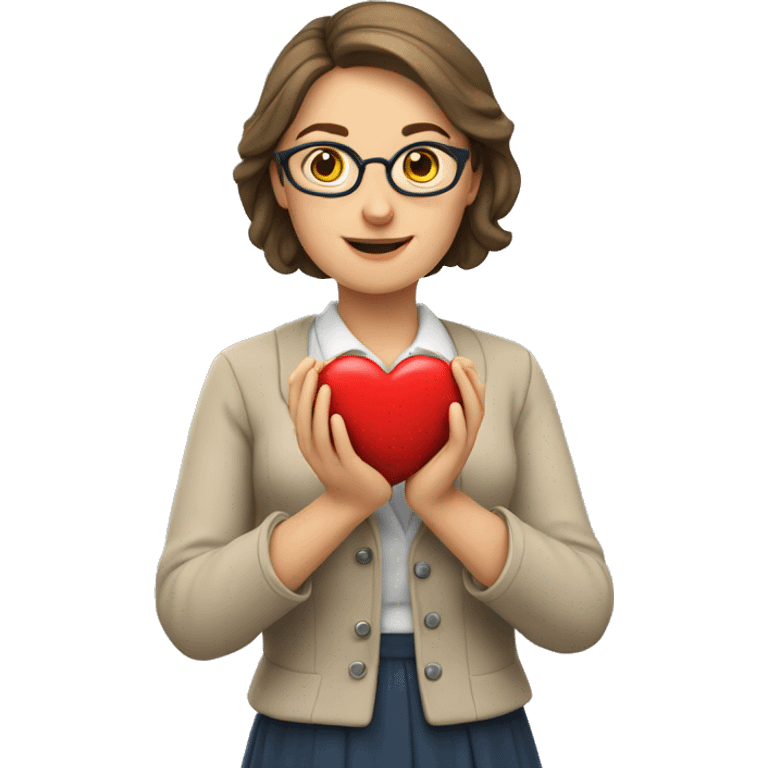 A European woman teacher holds her heart in her hands emoji