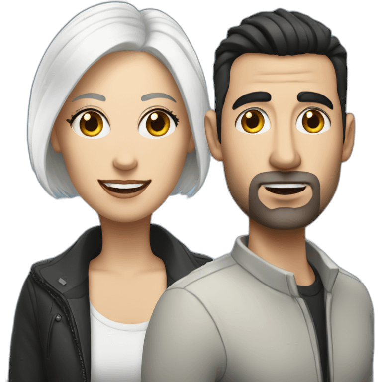 White man with dark hair next to a white woman with very short white hair, podcasting with mics and a MacBook emoji