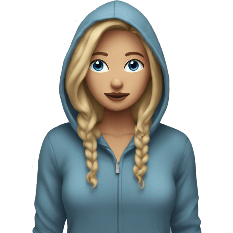 Women with dirty blonde hair, blue eyes, wearing a hoodie emoji